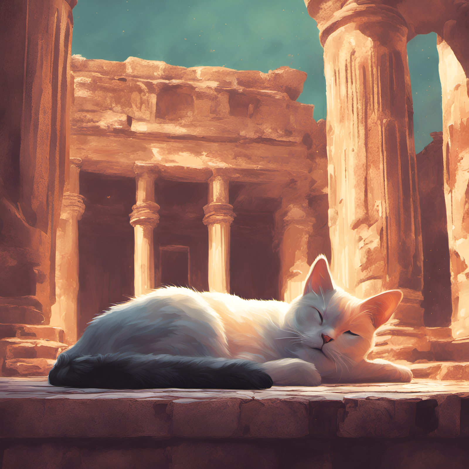 prompt from AI prompt generator image of cat sleeping in ancient temple generated with Stable Diffusion