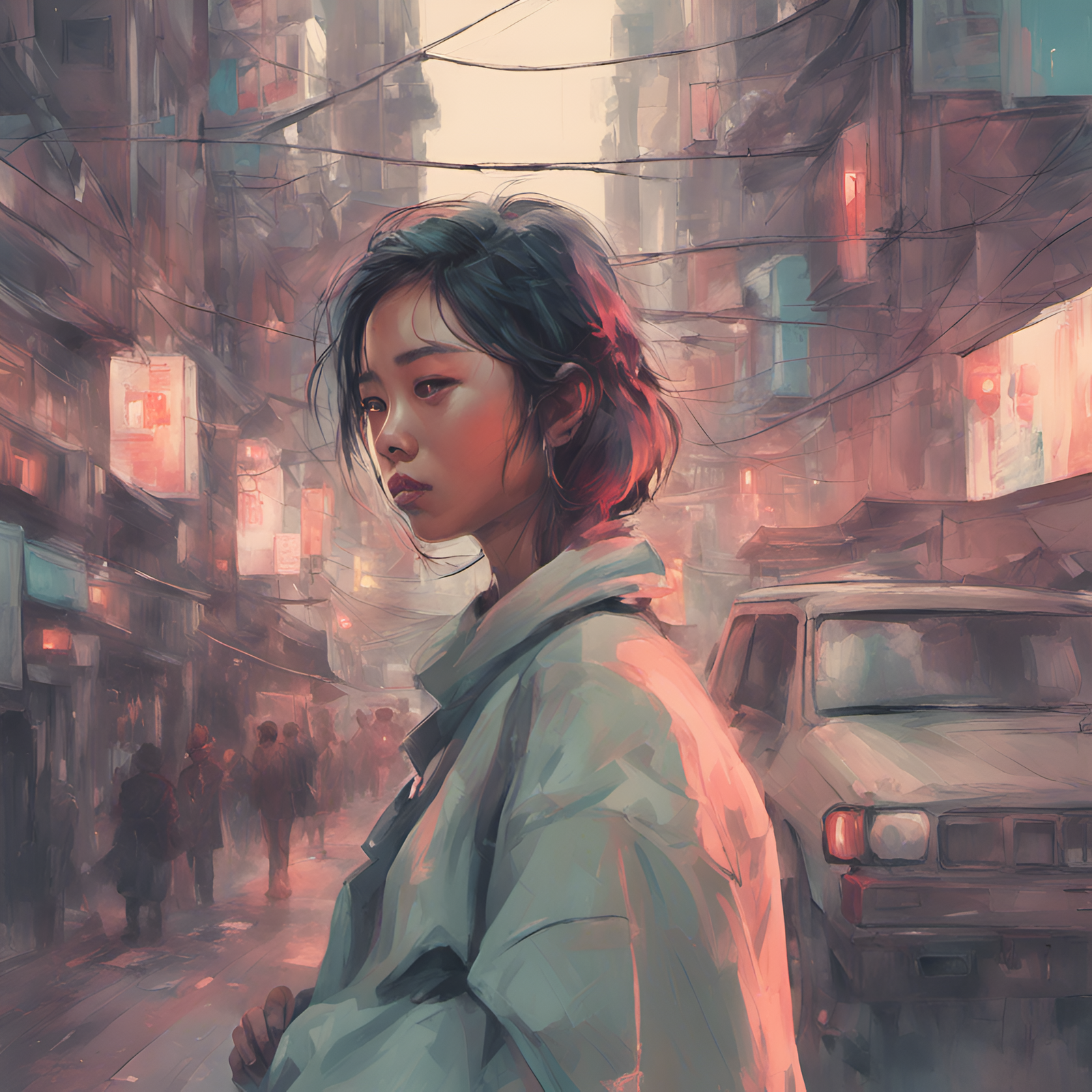 prompt from AI prompt generator image of an Asian woman in busy streets generated with Stable Diffusion