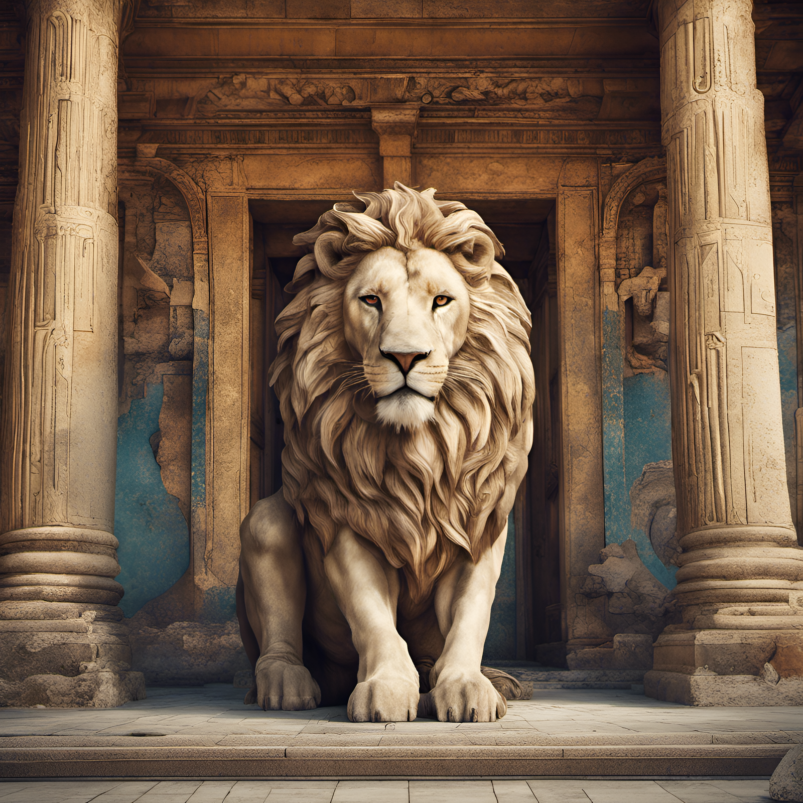 prompt from AI prompt generator image of a lion in temple ruins generated with Stable Diffusion