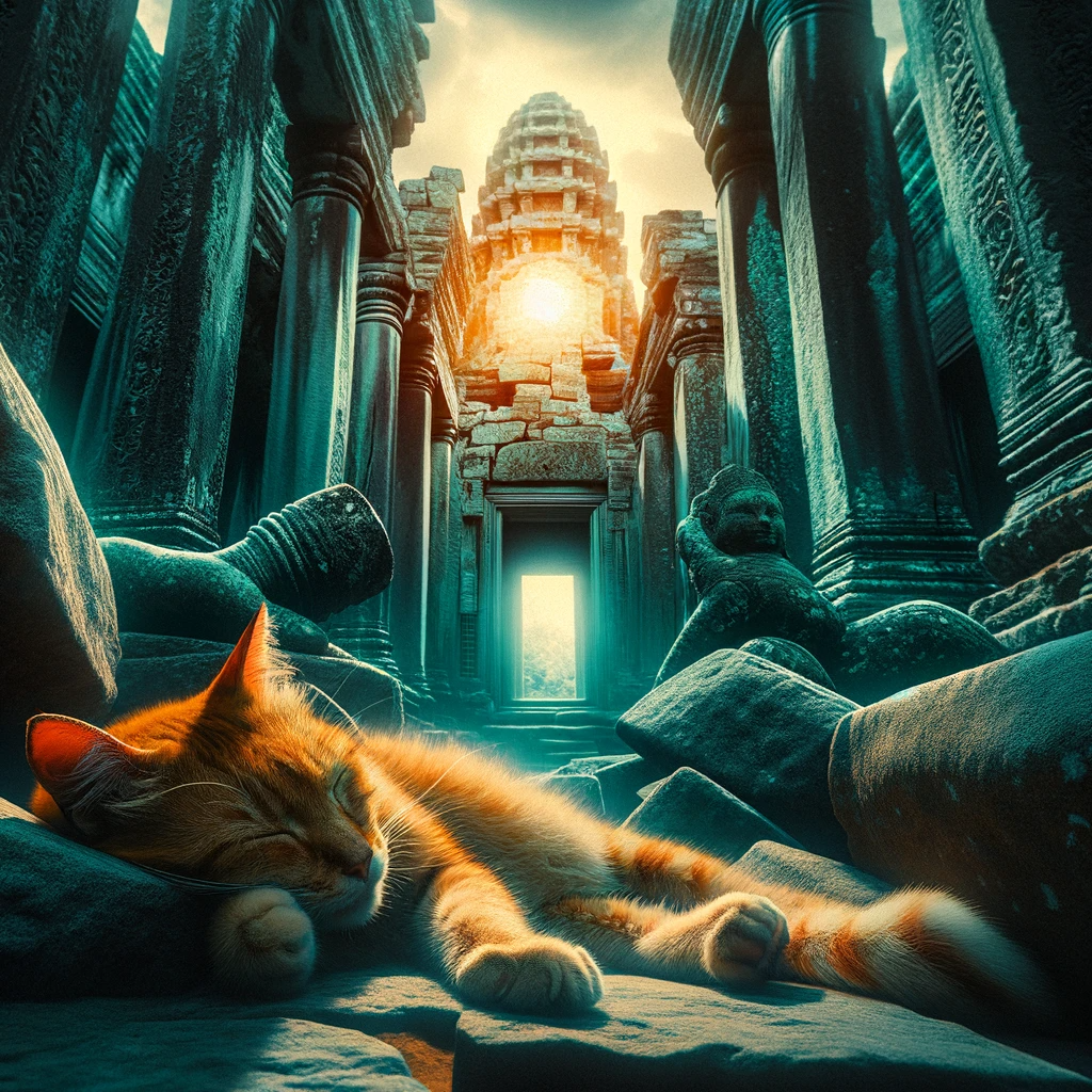 prompt from AI prompt generator image of a cat sleeping in ancient temple generated with DALL-E 3