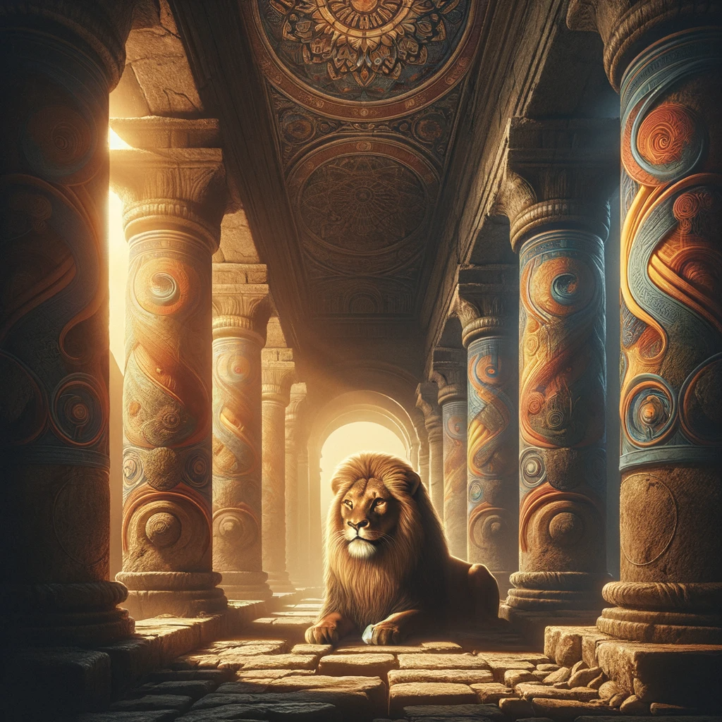 prompt from AI prompt generator image of a lion in temple ruins generated with DALL-E 3