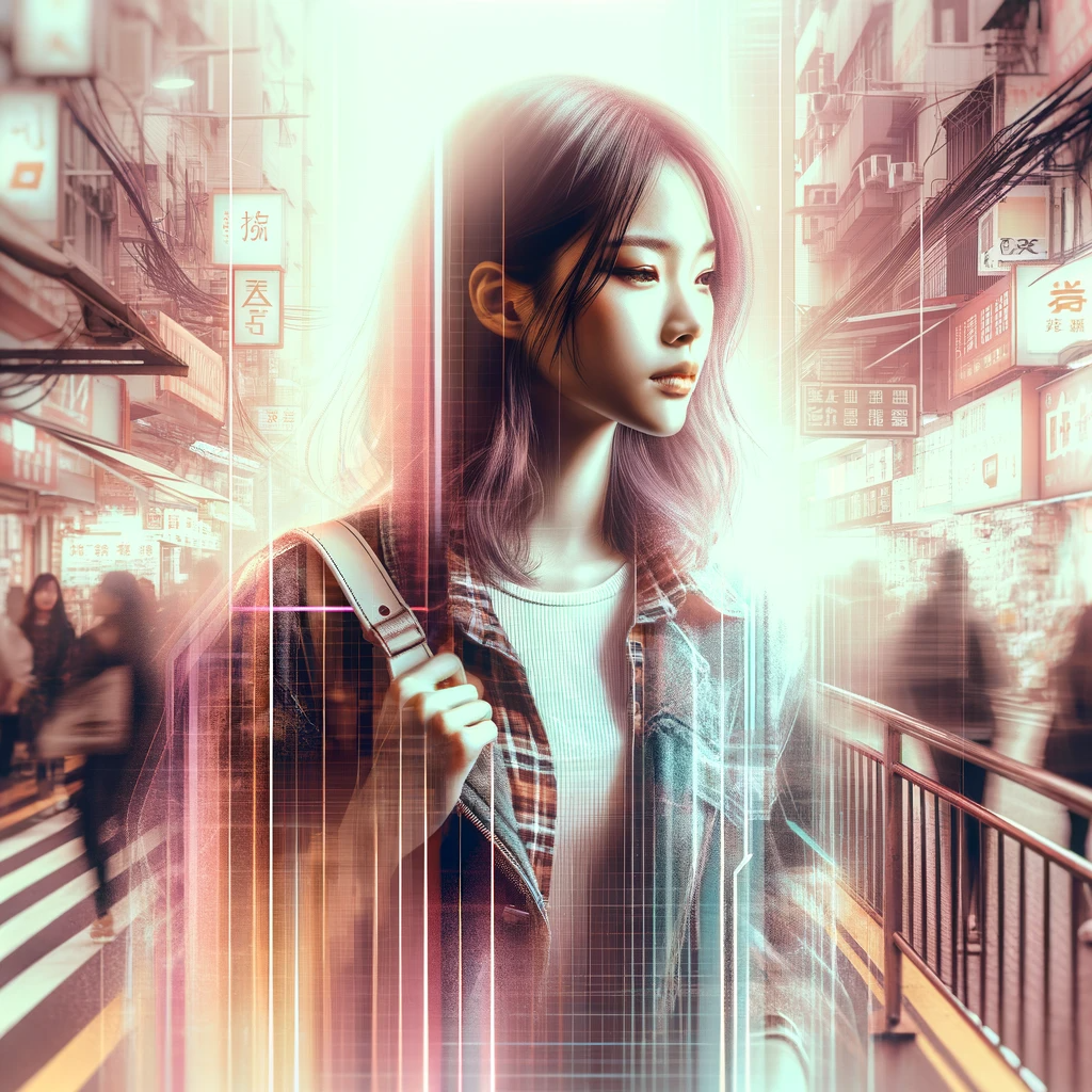 prompt from AI prompt generator image of a asian woman in busy street generated with DALL-E 3