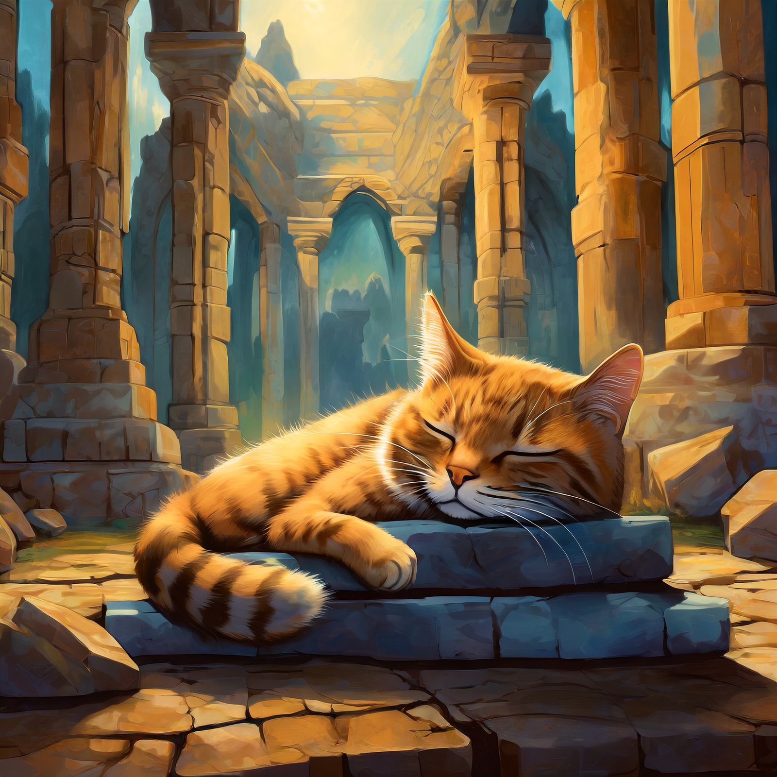 prompt from AI prompt generator image of a cat sleeping in ancient temple generated with Adobe Firefly