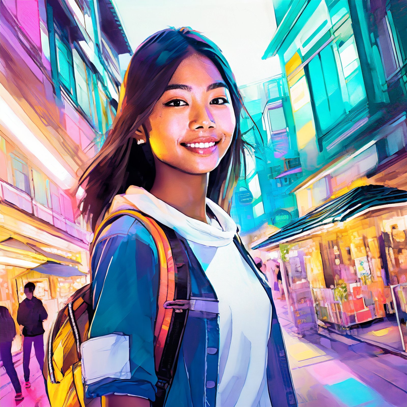 prompt from AI prompt generator image of an Asian woman in busy streets generated with Adobe Firefly