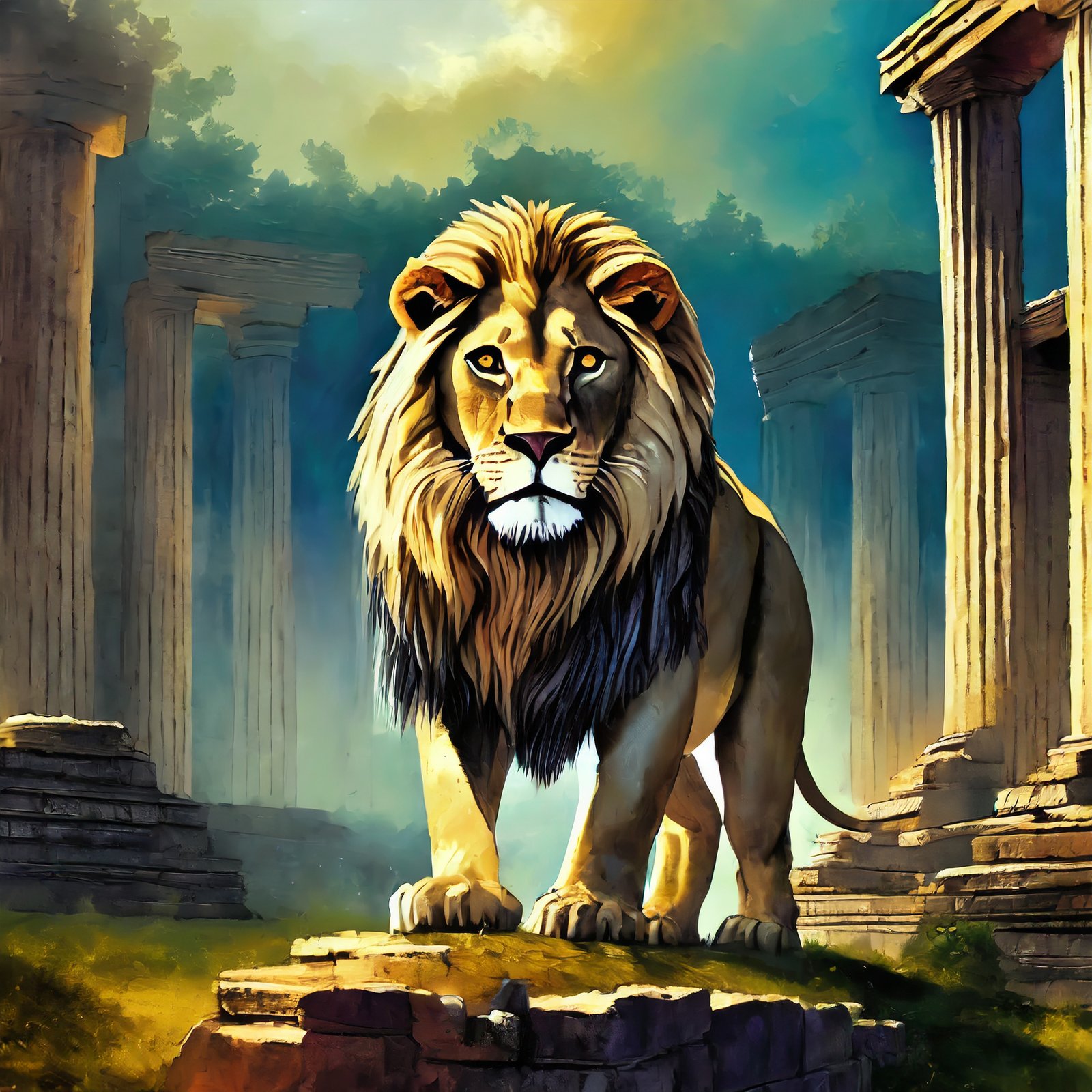 prompt from AI prompt generator image of lion in temple ruins generated with Adobe Firefly
