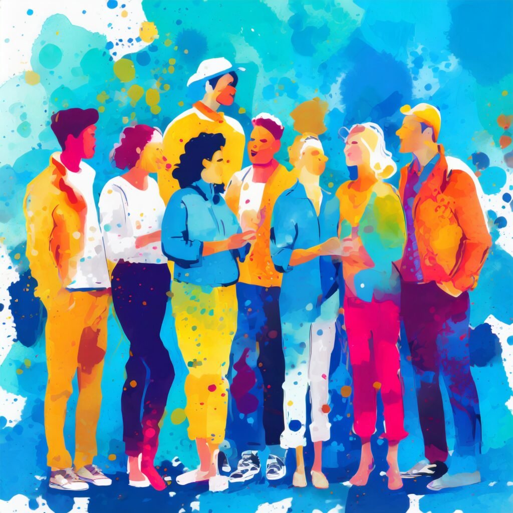 AI generated image of a group of people socializing, digital art illustration style, vibrant col